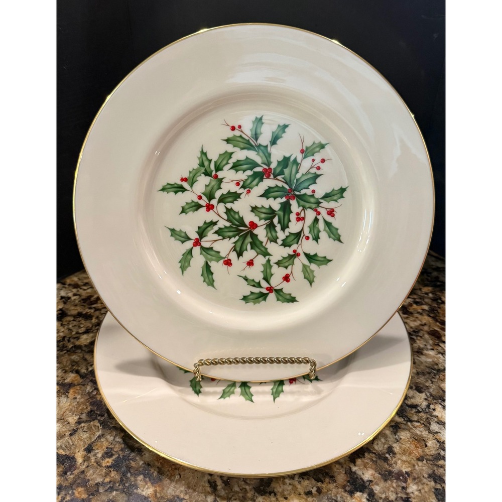 Lenox Dinner Plates 10.5" Ivory Holiday Holly Berry Gold Trim Set of 2 USA